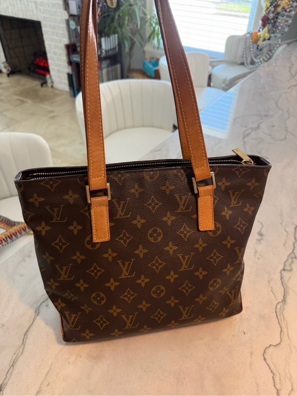 Louis Vuitton Brown Monogram Canvas Tote with Tan Leather Handles